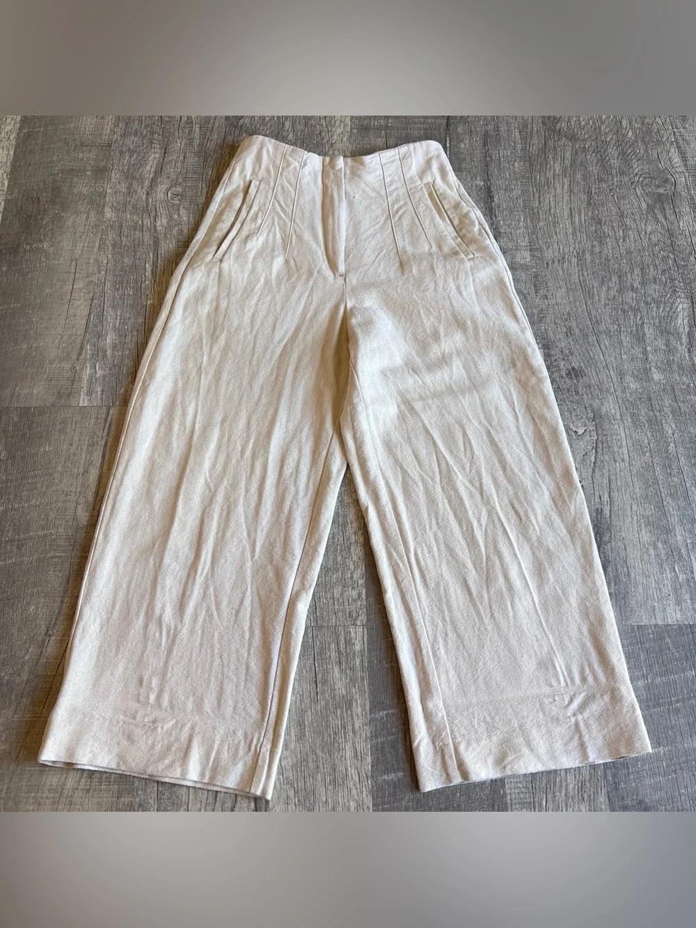 Zara Wide-Leg High-Waist Cotton Linen Cream Trousers Size S